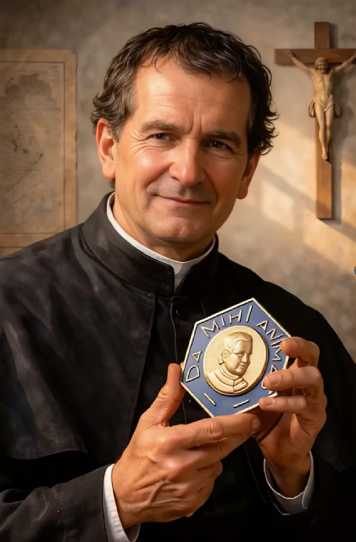 Don Bosco tenant la médaille de l'Association des Salésiens Coopérateurs (illustration réalisée avec l'IA)